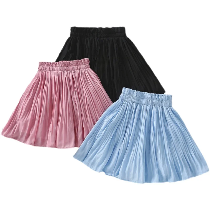 Children Chiffon Solid Princess Pleated Skirt Sweet Big Kids Tutu Skirts with Safety Pants Elastic Waist Mini Skirt for Girls