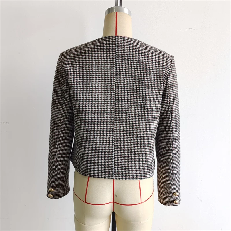 KEYANKETIAN 2026 Spring New Women's Houndstooth Suit Coat Office Lady O-Neck Single Breasted Fashion Crop Blazer Pockets Top