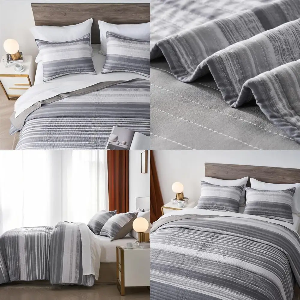 

Комплект постельного белья (одеяло/покрывало) размера «Ул/Квин», бело-серый, в полоску, из двух предметов, легкий, с покрывалом-накидкой