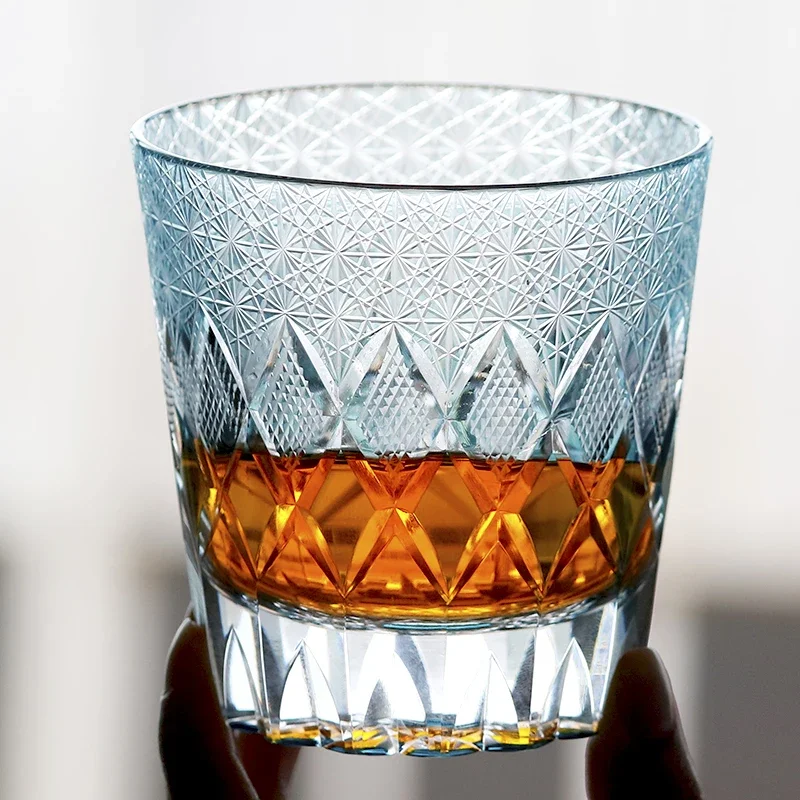 Sky Blue Geometric Chrysanthemum Whiskey Glass 320ml, Hand Engraved Edo Kiriko Crystal Tumbler, Japanese Barware Gift for Whisky
