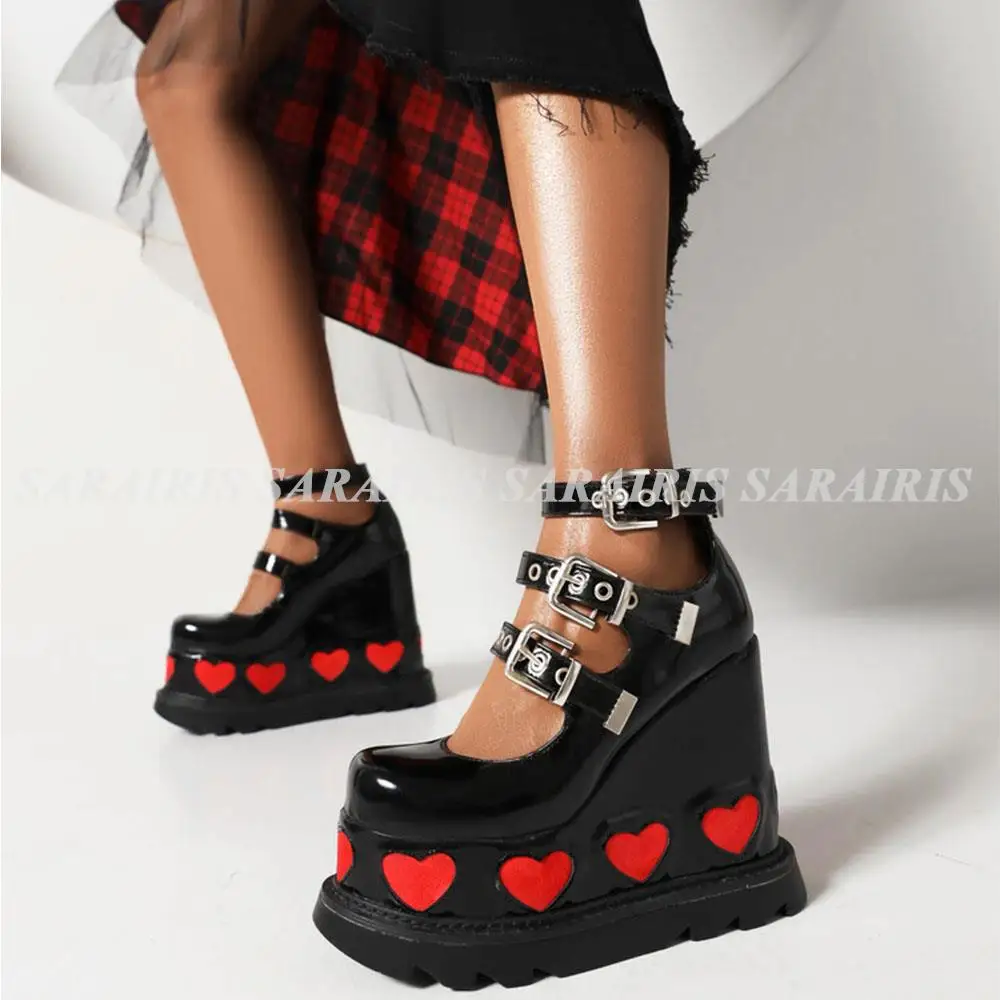 Fashion Retro Goth High Heeled Wedges Platform Mary Janes Metal Buckle Strap Heart Shaped Sole Women Shoes Sweet Cool Girl Shoes