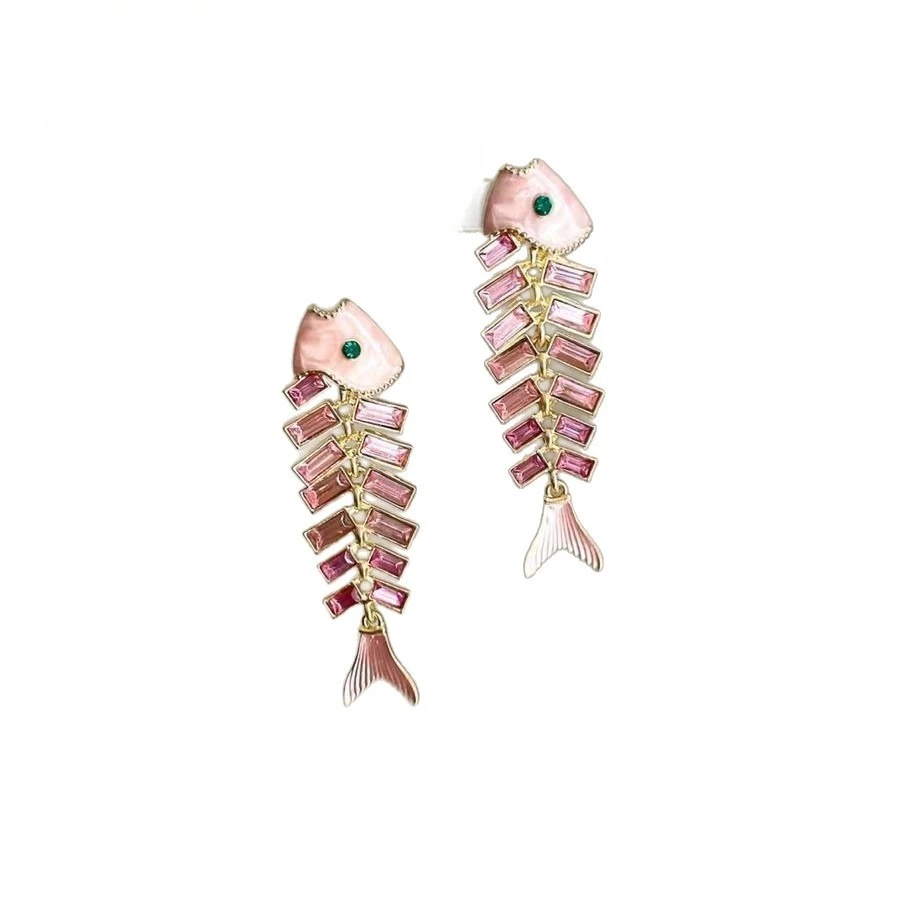 Pink Fishbone Crystal Drop Earrings, Vintage Enamel Fish Shape Dangle Earrings for Women Jewelry for Women