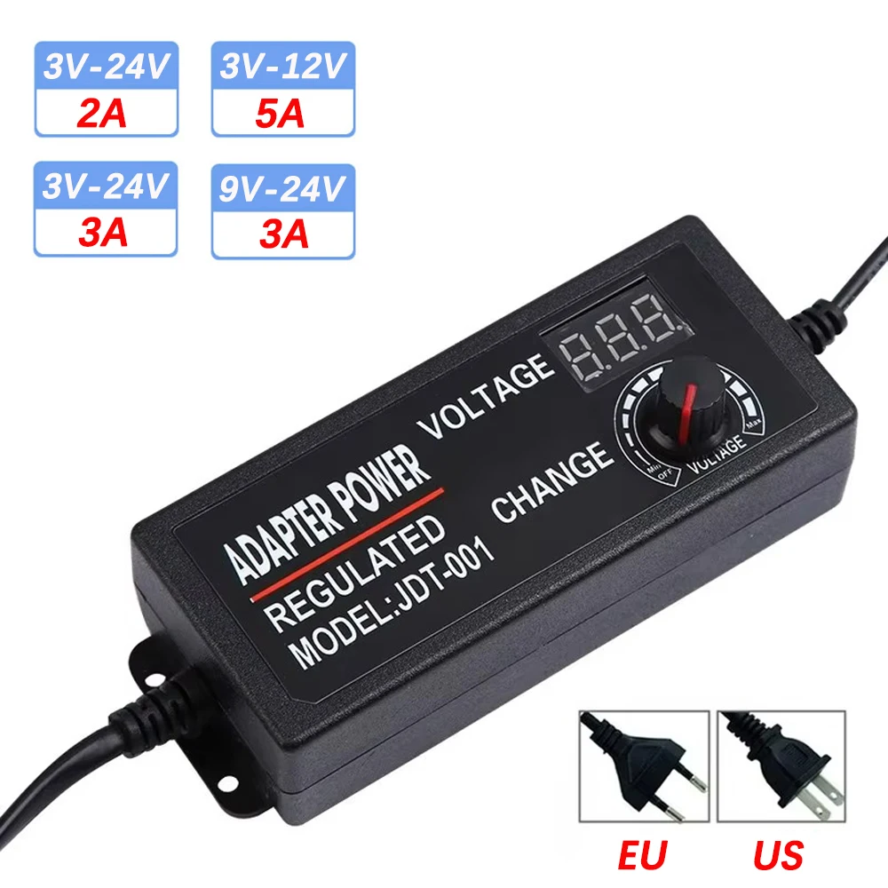 Adjustable Power Supply Adapter AC To DC 3V 9V 12V 24V Universal Adapter EU/US Plug with Display Screen Voltage Regulated