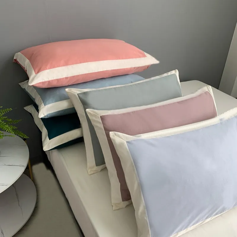 

Luxury Cotton Satin Pillowcase for Bed Solid Color Blocking Pillow Cover with White Edge Queen Size Sleeping Pillow Case