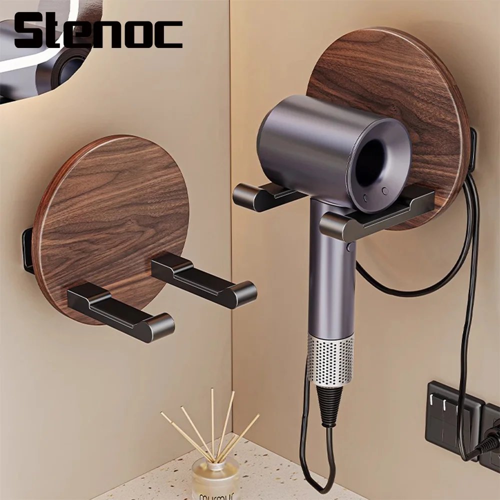 

Трафарет для дома, черный настенный туалет без перфорации, фен, держатель из орехового дерева, органайзер для ванной комнаты, стеллаж для хранения, аксессуары для полки