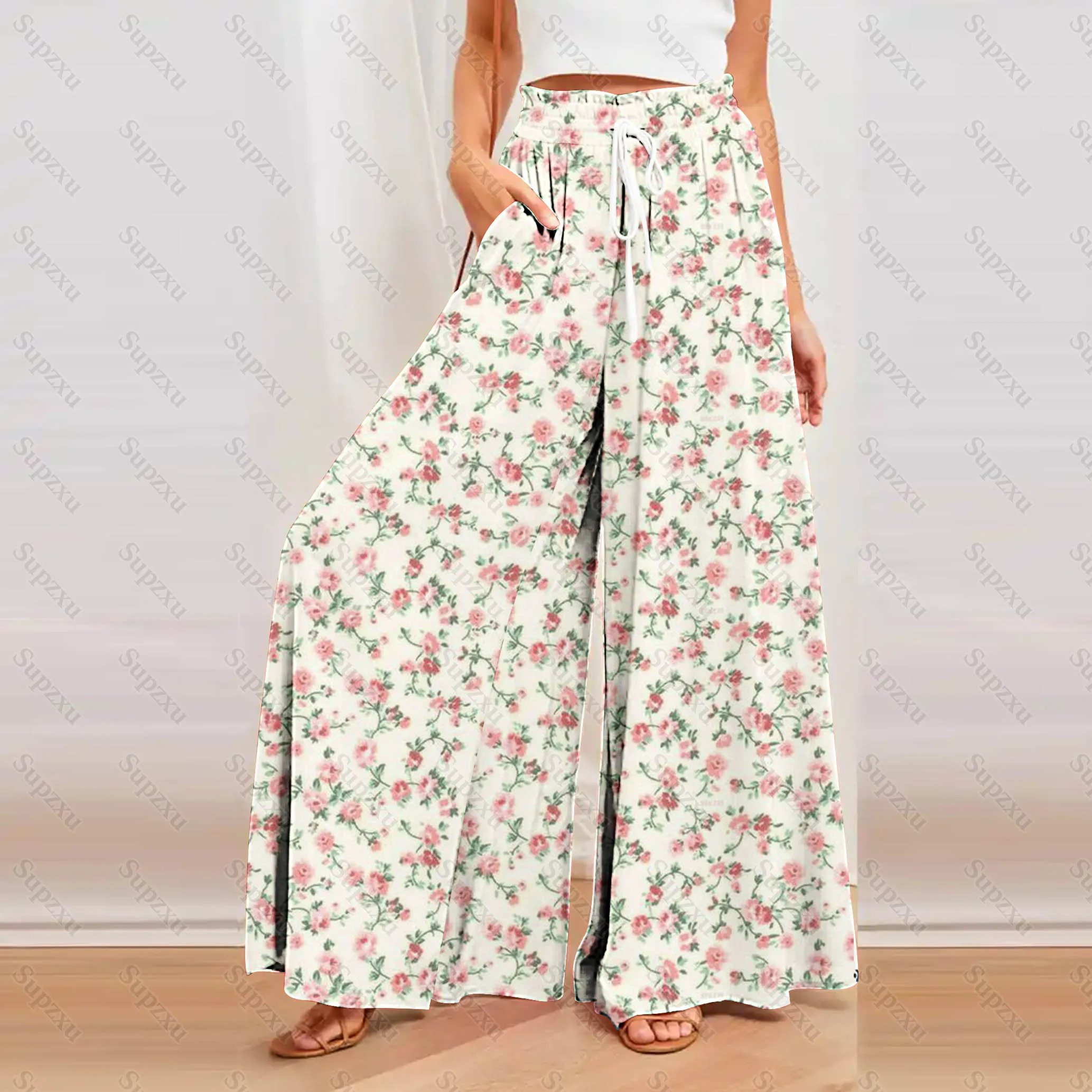 Spring Autumn Bamboo Cotton Fashion Fragmented Flowers Women's Long Skirt Wide Leg Pants 3D Printing Casual Floor Dragging Pants