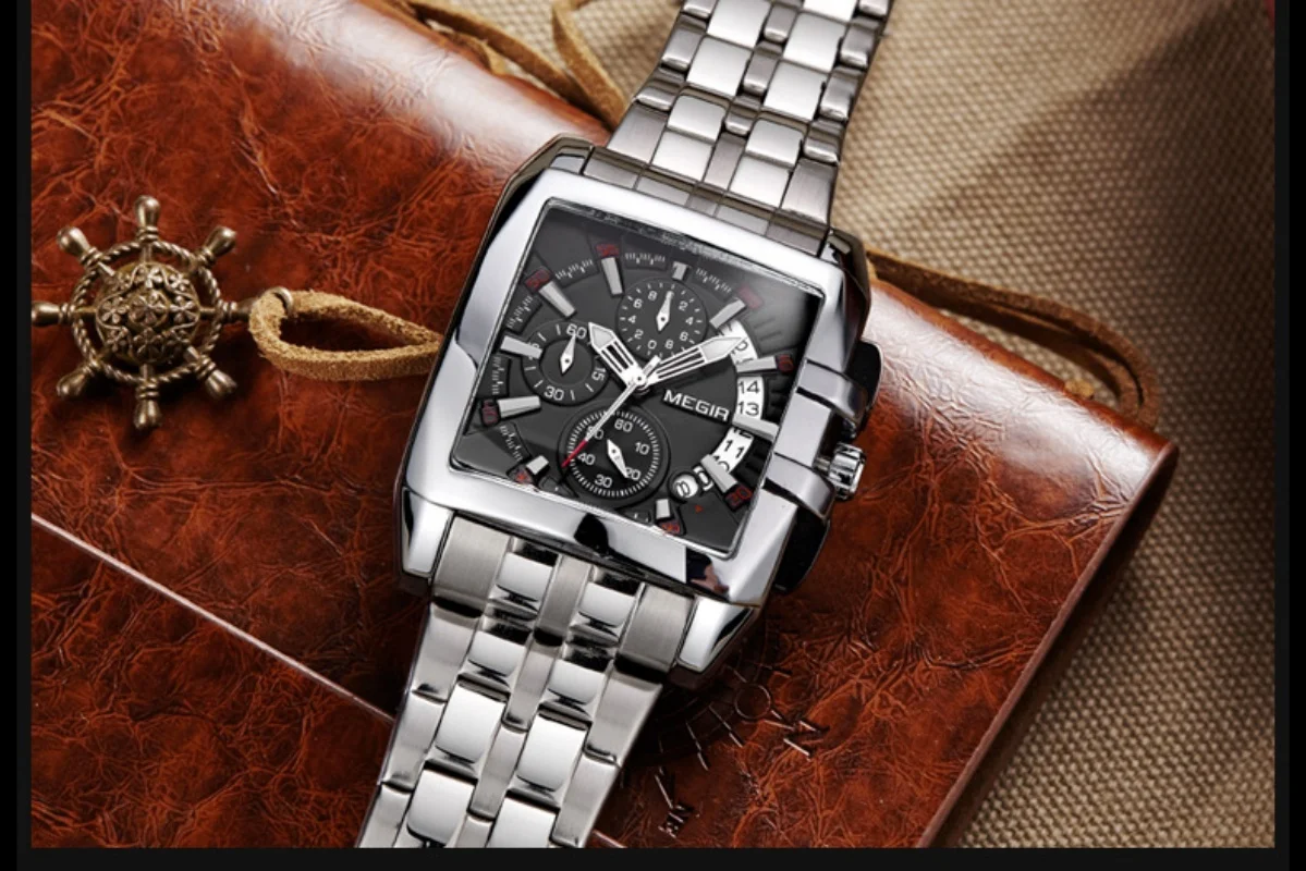 ساعة رجالية جديدة Megir Steel Band كوارتز ساعة رجالية رياضية في الهواء الطلق ساعة رجالية مربعة