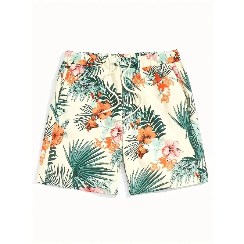 

Men's tropical print drawstring elastic waist shorts, suitable for summer outings, beach vacationsIV