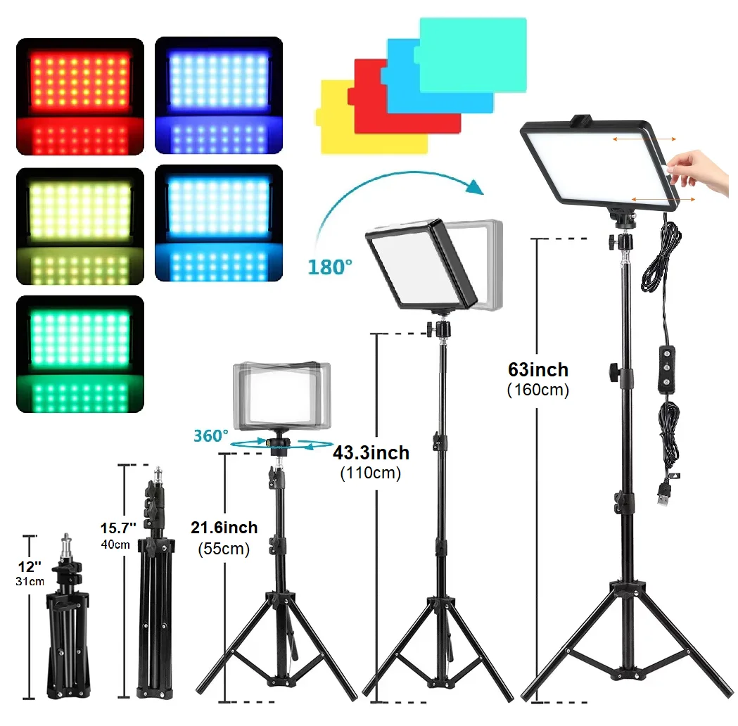 Photography LED Video Light Panel Lighting Photo Studio Lamp Kit For Shoot Live Streaming Youbube With Tripod Stand RGB Filters