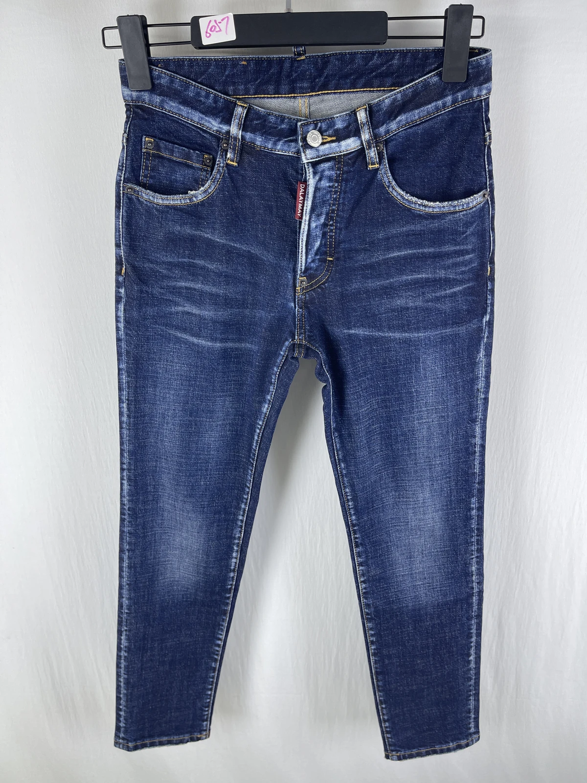 

6057 Four Seasons New D2 Jeans Men's Washed Ripped Patch Paint Printed Feet Blue