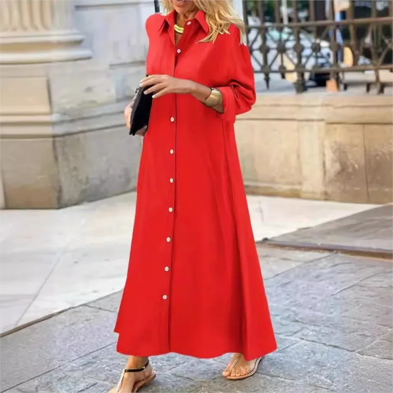 Autumn New Women's Shirt Dress Fashion Personality Solid Color Loose Large Casual Temperament Commuting Irregular Long Skirt