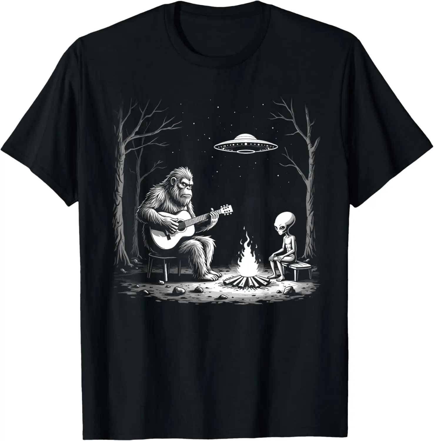 Bigfoot Guitar Campfire Alien UFO Camping Sasquatch T-Shirt 100% Cotton Trendy Y2K Short-Sleeve Tee – Soft, Quick-Drying, &