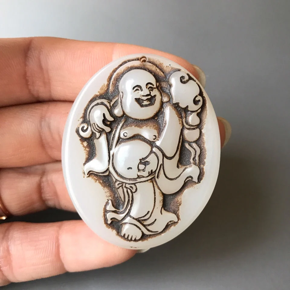 

Outer Mongolian Material Card Playing Jade Ware Collection White Jade Laughing Buddha Big Belly Buddha Waist