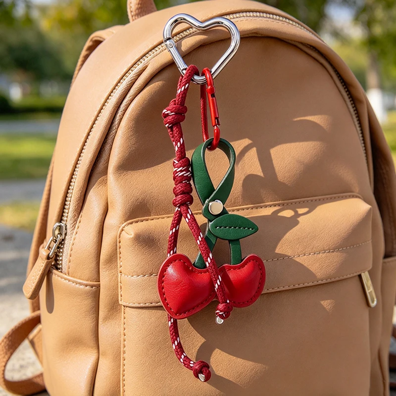 1pc NEW Fashion Personality Cherry Keychain Cute Sweet Leather Fruits Keyring Car Key Holder Bag Pendant Decoration Girls Gifts