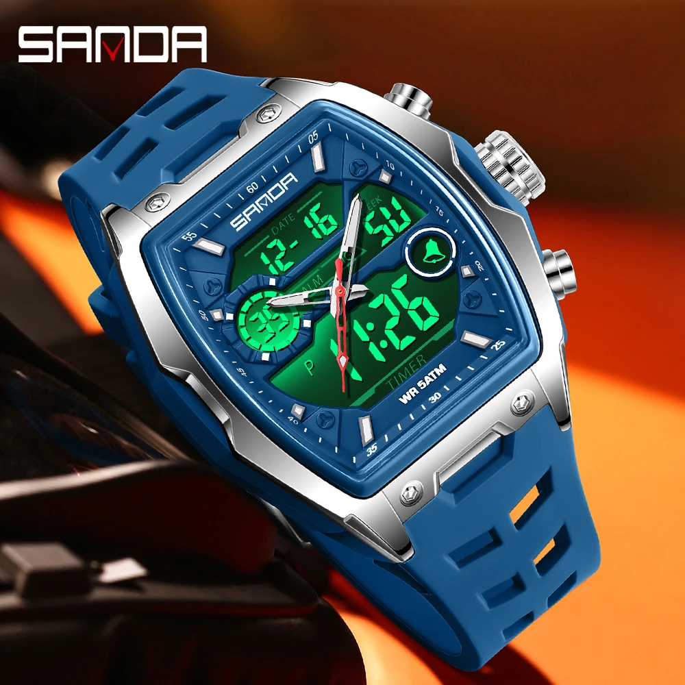 SANDA 6235 Watches for Man New Sports Wine Barrel Man Watch Alarm Clock Timer Function Luminous Waterproof Quartz Wristwatches