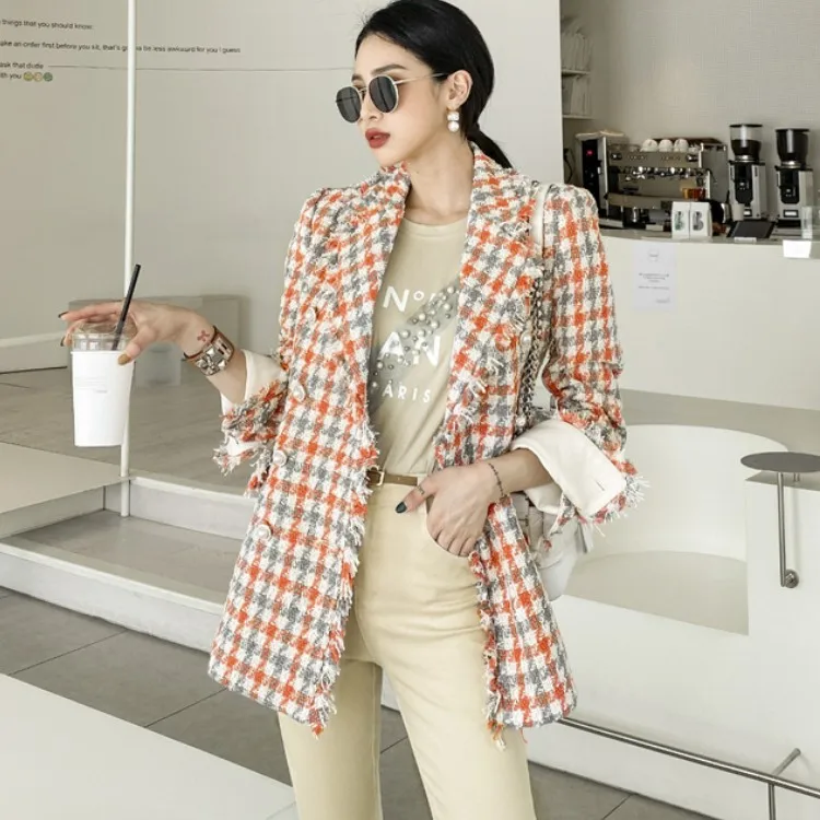 Korean Autumn  Elegant Office Lady Fashion Winter Jackets Women Tassel Vintage Plaid Tweed Coat Women Clothes Mujer