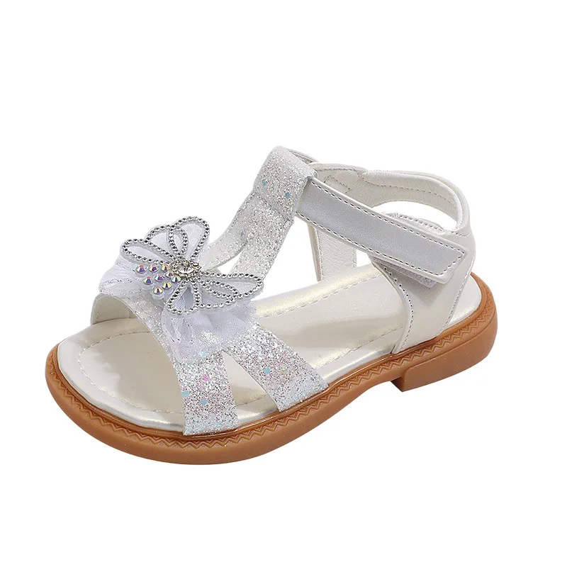 Girls Silver Bow Sandals Summer Princess Rhinestone Flats for Kids Lightweight Soft Sole Beach Shoes Non-Slip Flat Sandals