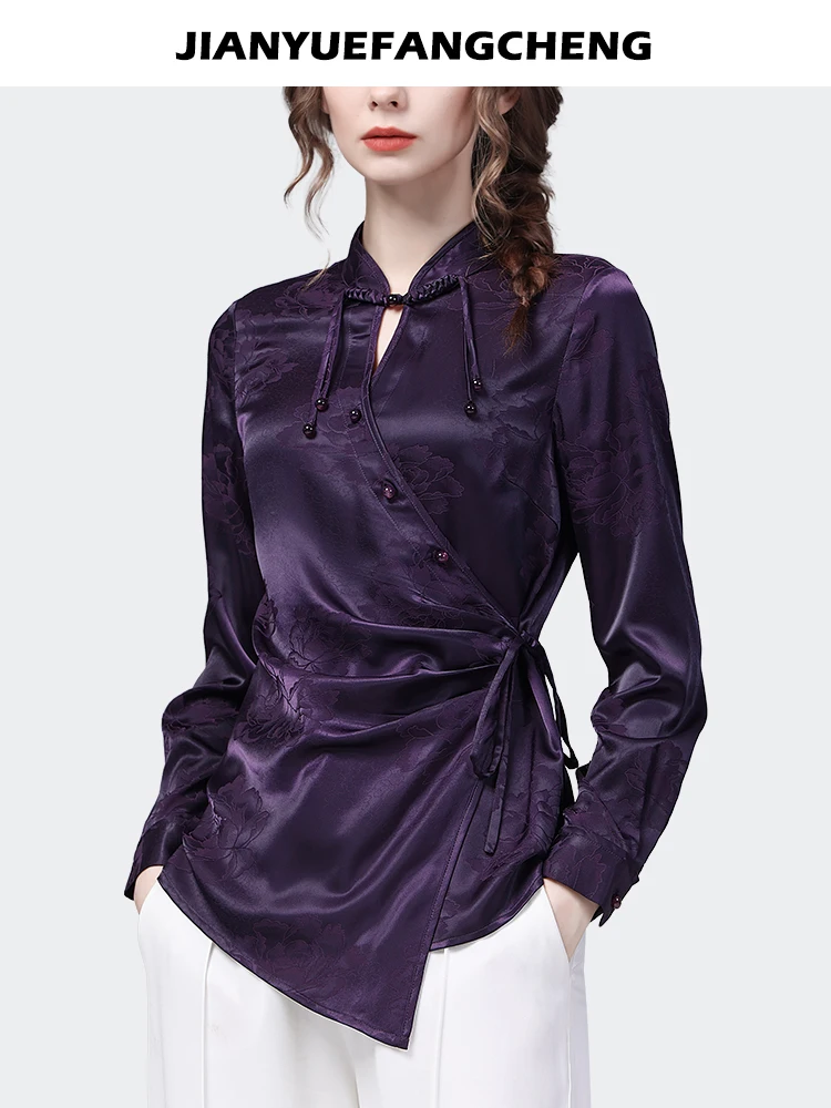 Vintage Women Purple Jacquard Satin Blouse Long Sleeve Stand Collar Spring Summer Tops Fashion Slimming Irregular Lace-up Shirt