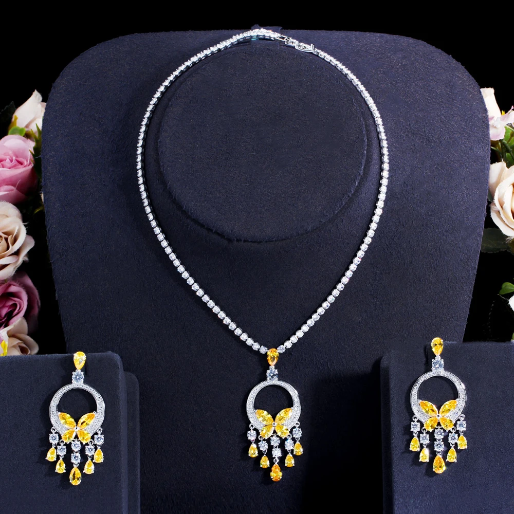 

BeaQueen Luxury Wedding Costume Jewelry Sets Yellow Cubic Zirconia Crystal Long Tassel Drop Earrings Necklace for Women JS318