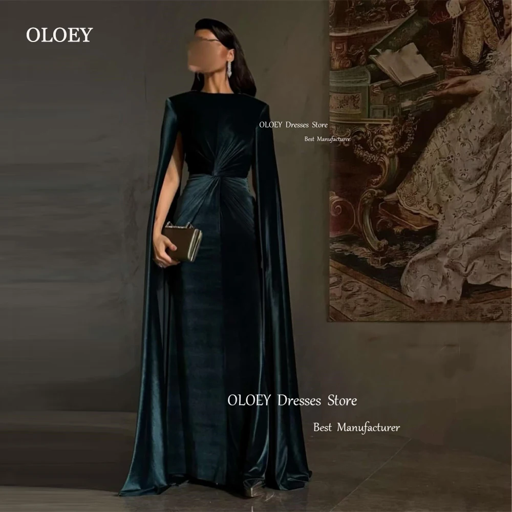 

OLOEY Simple Dark Green Velvet Evening Dresses Arabic Women Long Cape Sleeves Floor Length Formal Party Occasion Dress 2024