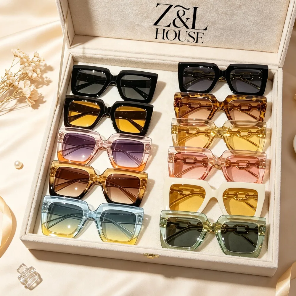 11 Square Thick Frame Men and Women with the Same Sunglasses, Retro Metal Chain Decoration Gradual Change Lenses Multi-Color Frame Sunglasses, Holiday Parties, Daily Travel, Dating Shopping, Photo Clock in Trend Fashion Versatile Items