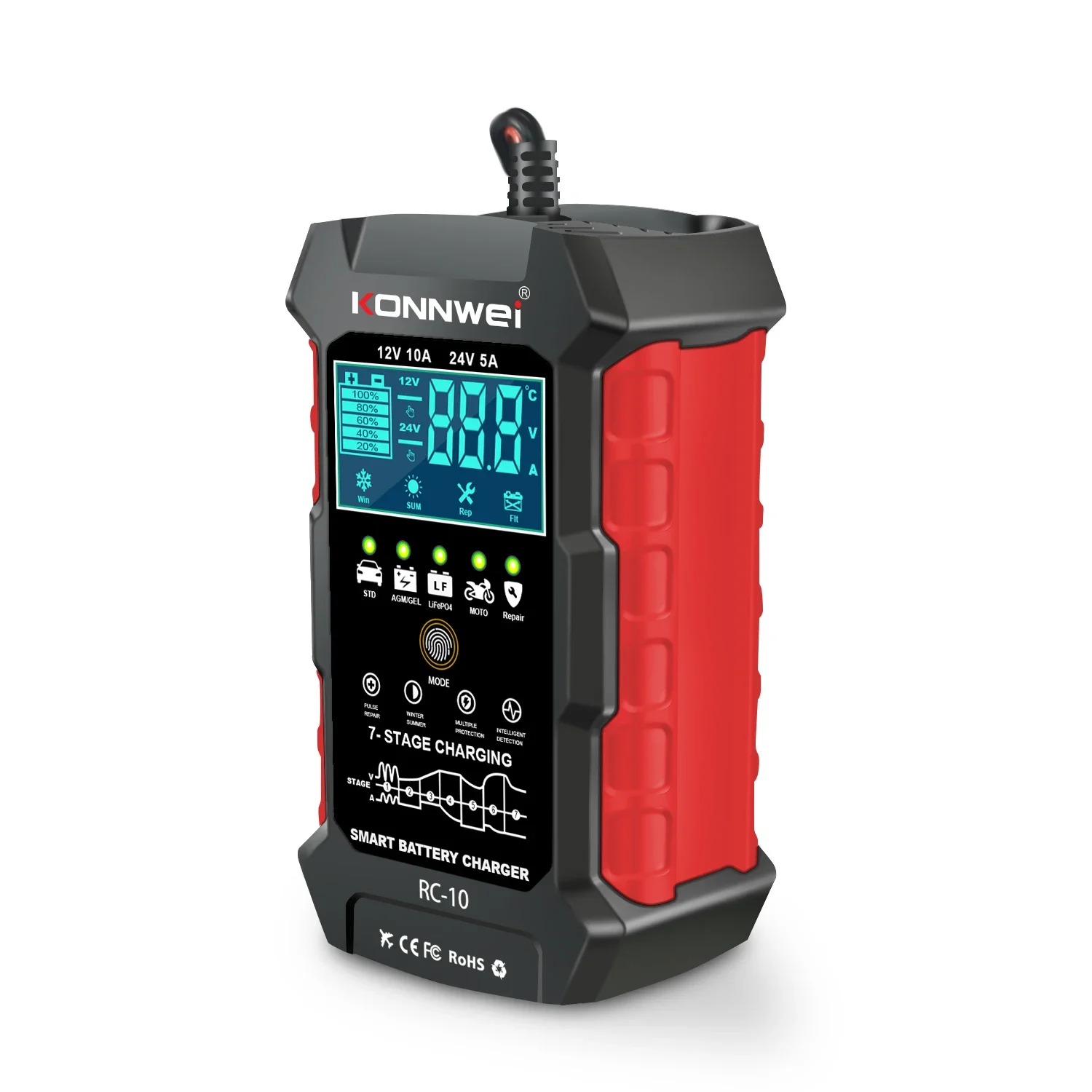 KONNWEI RC10 Car Charger Tools Battery Charger Battery Pulse Repair Tool Moto Battery Charger 12-24V 5A 10A Emergency Tool A+++
