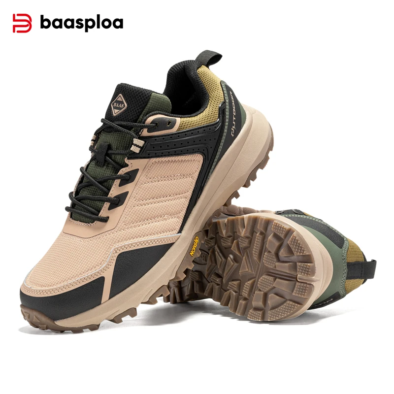 Baasploa Men Hiking Shoes Leather Outdoor Sneakers Anti Splash Water New Fashion Comfort Walking Shoes Non-Slip Outdoor Lace-Up