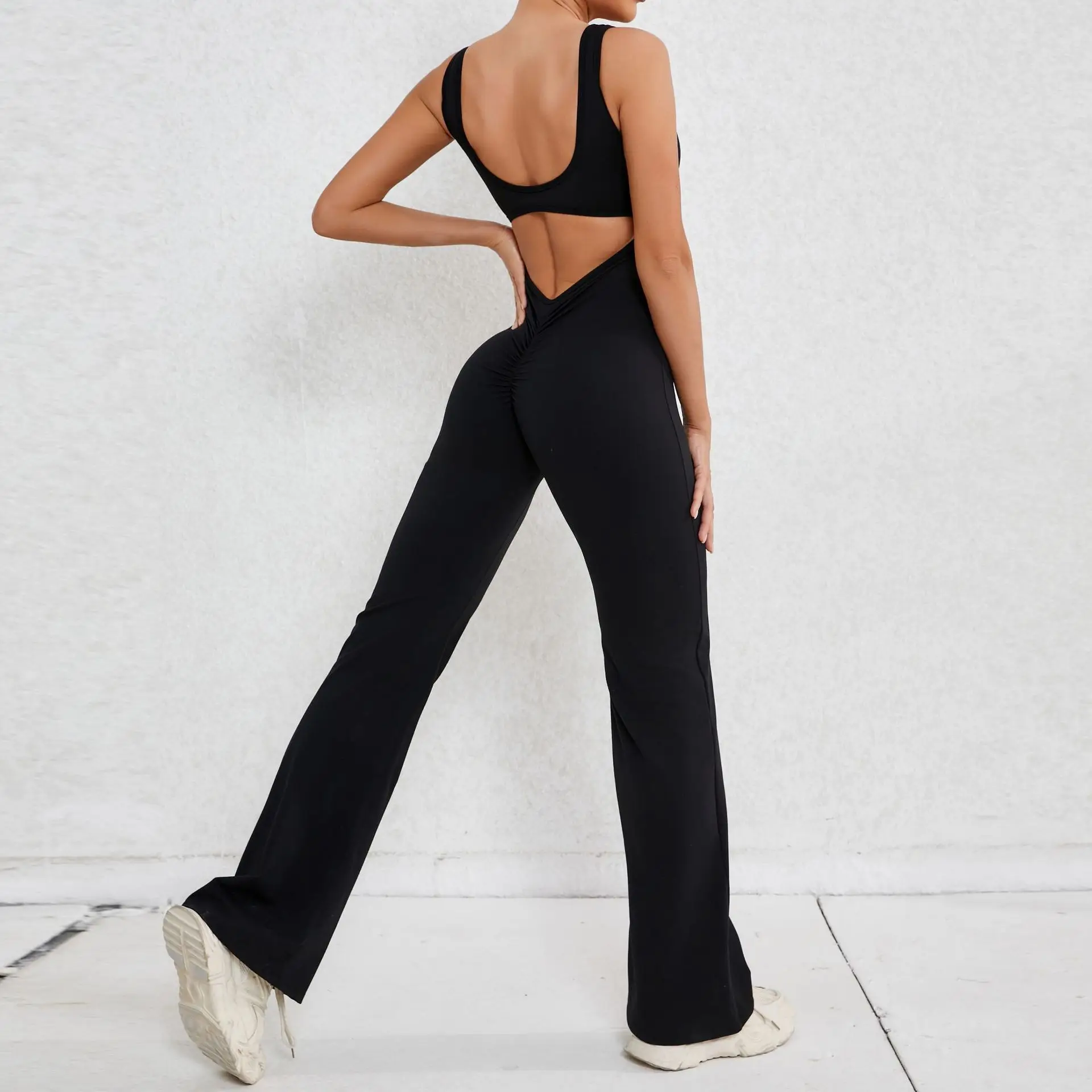 

V Back Bodysuits Yoga Jumpsuits Women Sleeveless Solid Sexy Rompers Hollow Out Backless Fashion Flared Casual Sporty Overall