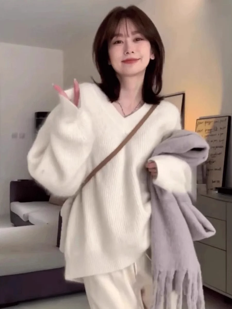 

Thiened Long Sve V-Ne Knitted Sweater White Loose Fit Autumn Winter Women's Casual High-End Feeling Personali Top