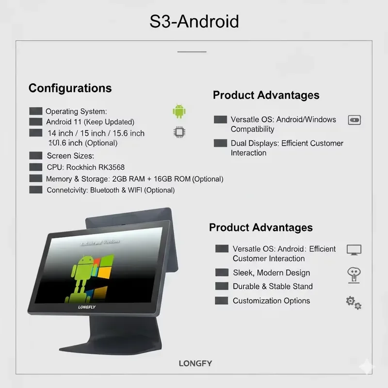Hot Sale Longfly 15.6inch Android 11/13 L-Shaped Tablet Google GMS POS Cash Register Vertical/Landscape Mode NFC Enabled
