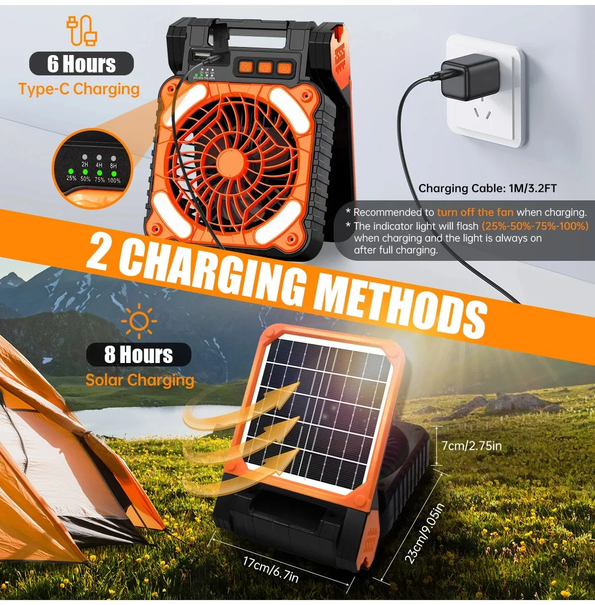 Solar Power Fan LED Light,5200mAh Rechargeable Battery 4 Speeds Powerful Wind 90° Folding Portable Outdoor Camping USB Desk Fans