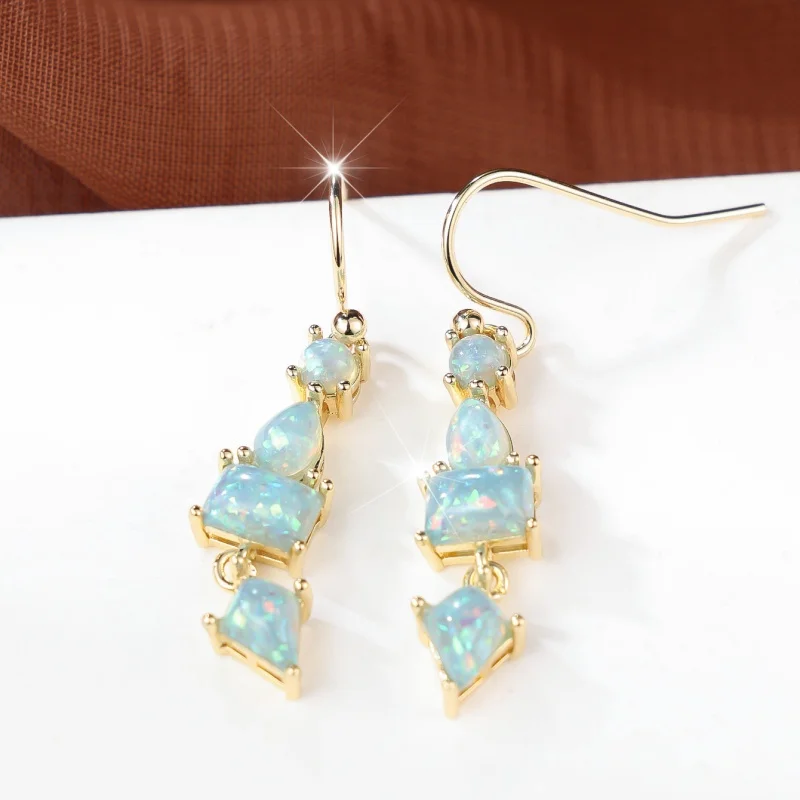 Retro Staircase Water Droplet Diamond Shaped Australian Treasure Earrings, Fresh Ice Blue Australian Treasure Long Accessory