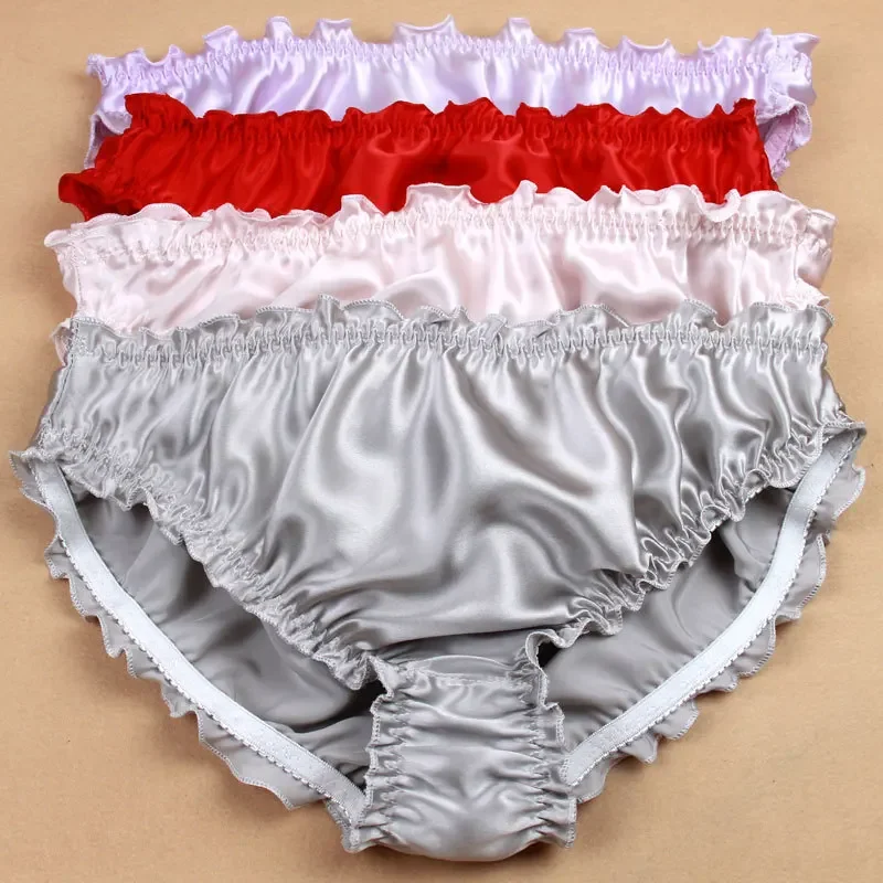 3pcs/lot  Women's 100% Silk Panties String Bikinis Sexy Briefs High quality ruffled silk underwear