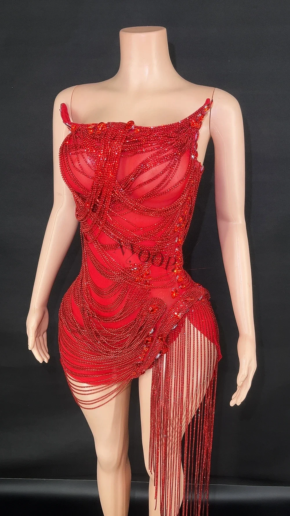 Evening Prom Dress Red Rhinestones Fringes Mesh See Through Short Dress Women Sexy Celebrate Birthday Wedding cloth