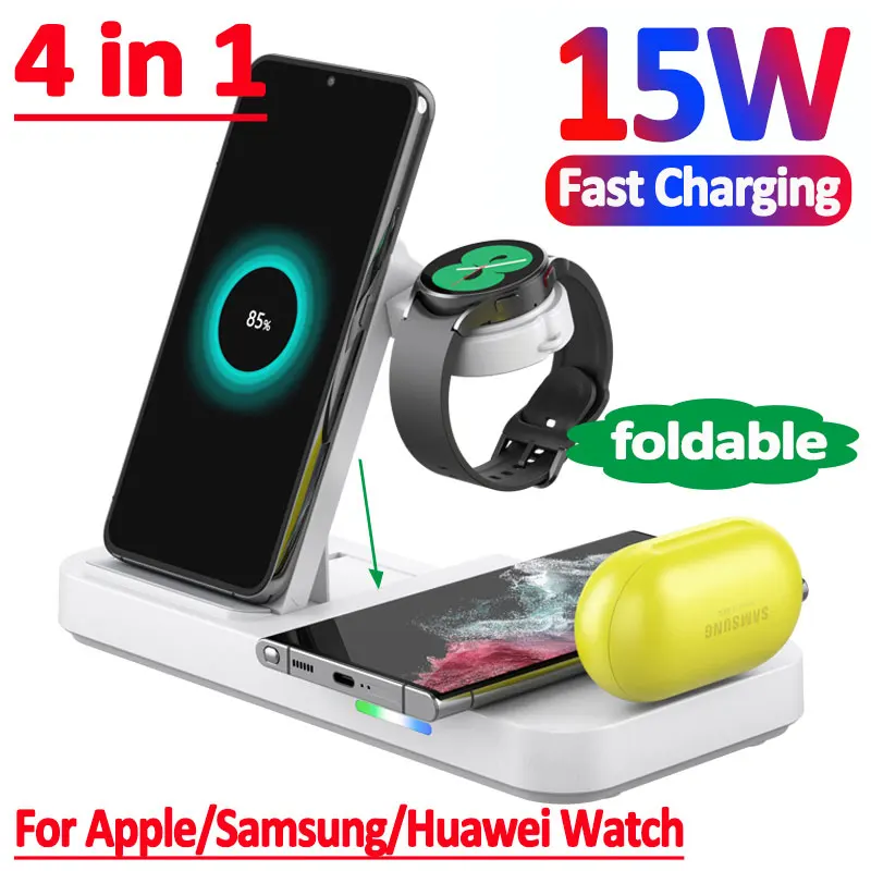 4 in 1 15W Fast Wireless Charger Stand Foldable Charging Station For Apple Watch Samsung Huawei iPhone 14 13 12 Pro Max AirPods