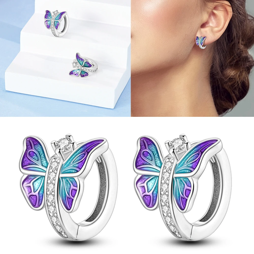 Hot Sale 925 Silver Hoop Earrings For Woman Pendientes Zircon Butterfly Dragonfly Eardrop Original Earring Fashion Jewelry