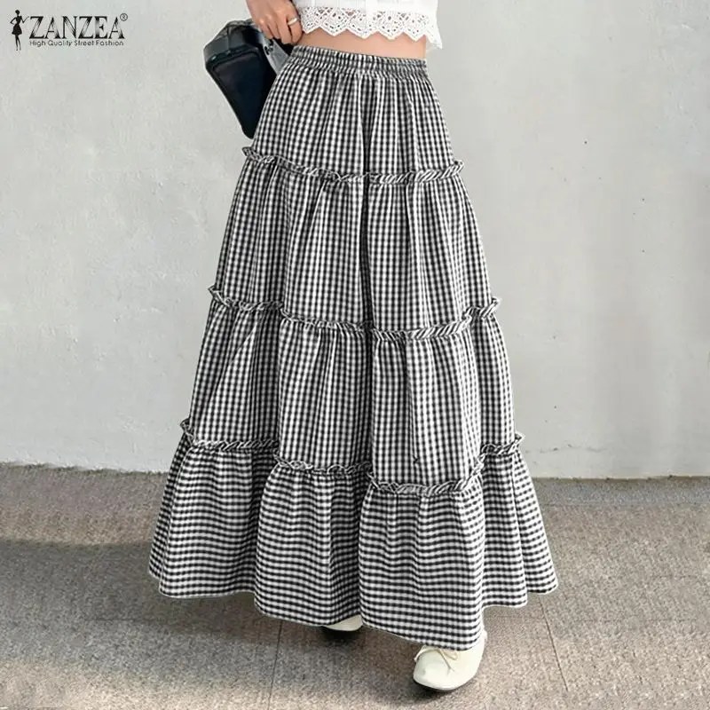 

ZANZEA Stylish Women Plaid Long Skirts Summer Elastic Waist Sundress Casual A-line Holiday Faldas Saia Jupes Ruffled Work Skirt
