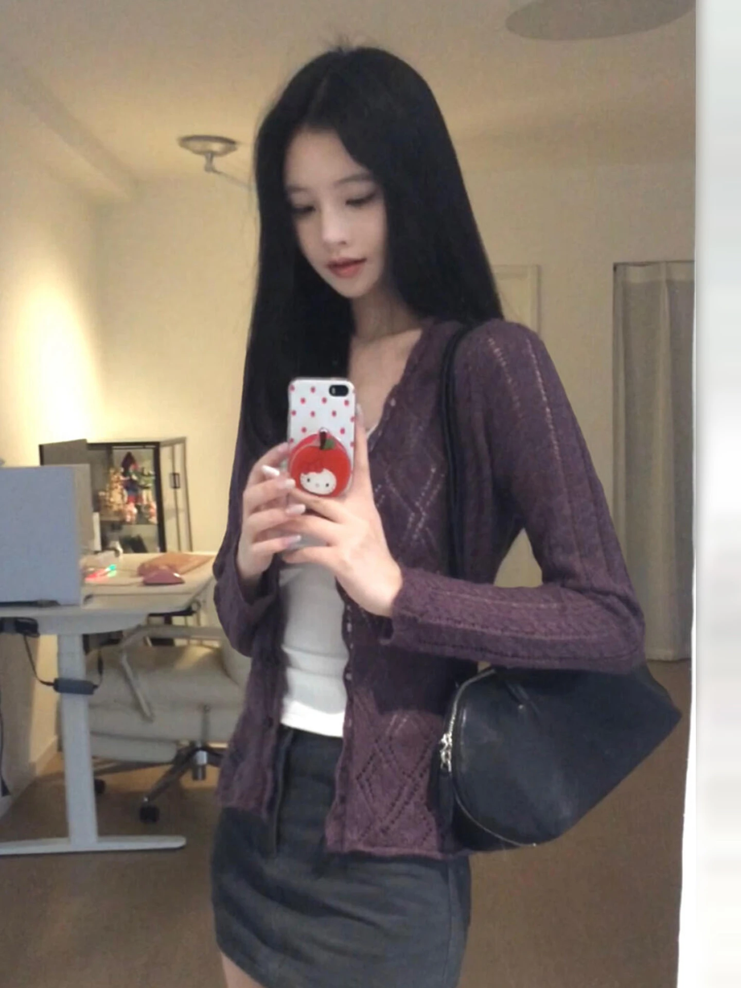 

Purple Hollow out V-Ne Long Sve Knitted Sweater Women's Inner Wear Cardigan Slim Fit Autumn Winter New Sle Lazy Girl