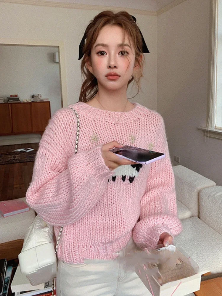 Pink Knit Sweet Pullovers Sweaters Women Long Sleeve Elegant Korean Sweaters Female O-neck Warm Kawaii Harajuku Pullovers 2024