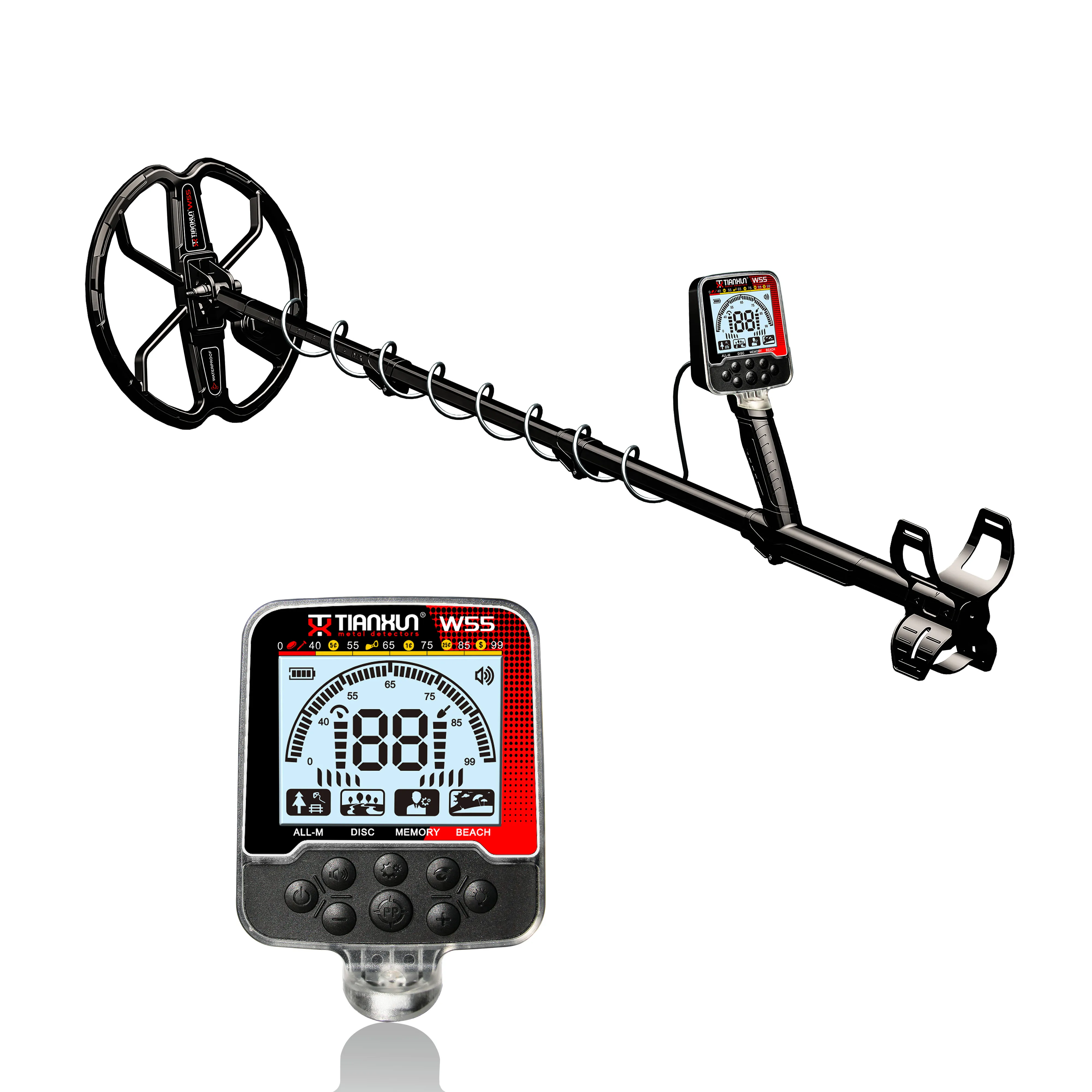Aggiorna il metal detector TX-W55 Schermo LCD per cacciatore di tesori sotterranei ad alte prestazioni impermeabile IP68 Modalità super stabile