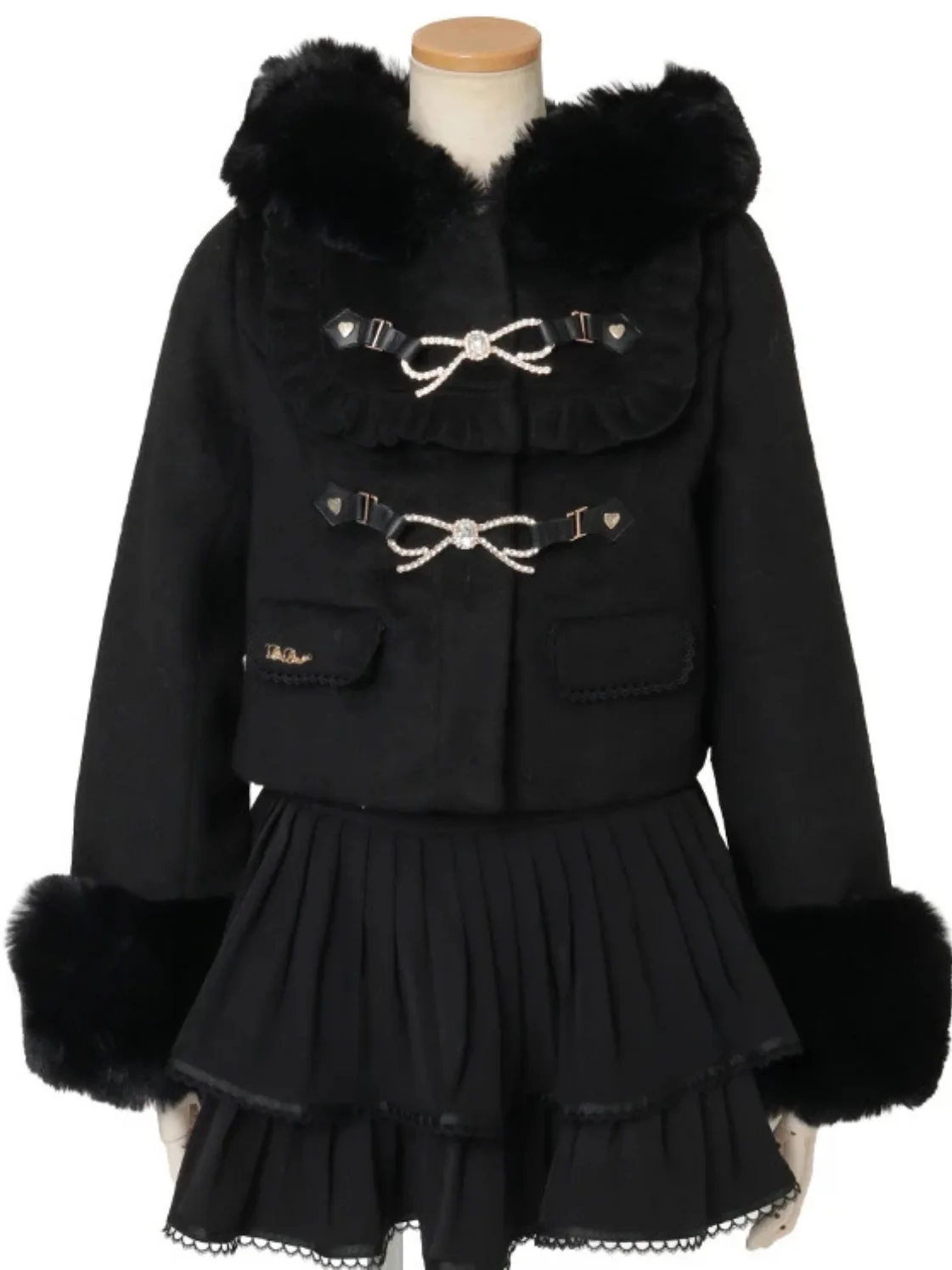 Jaket Wol Pendek Bergaya Lolita Jepang Musim Dingin 2025, Lucu dengan Pita, Jaket Berbulu Hangat Berkerudung untuk Wanita, Model Slim Fit Elegan