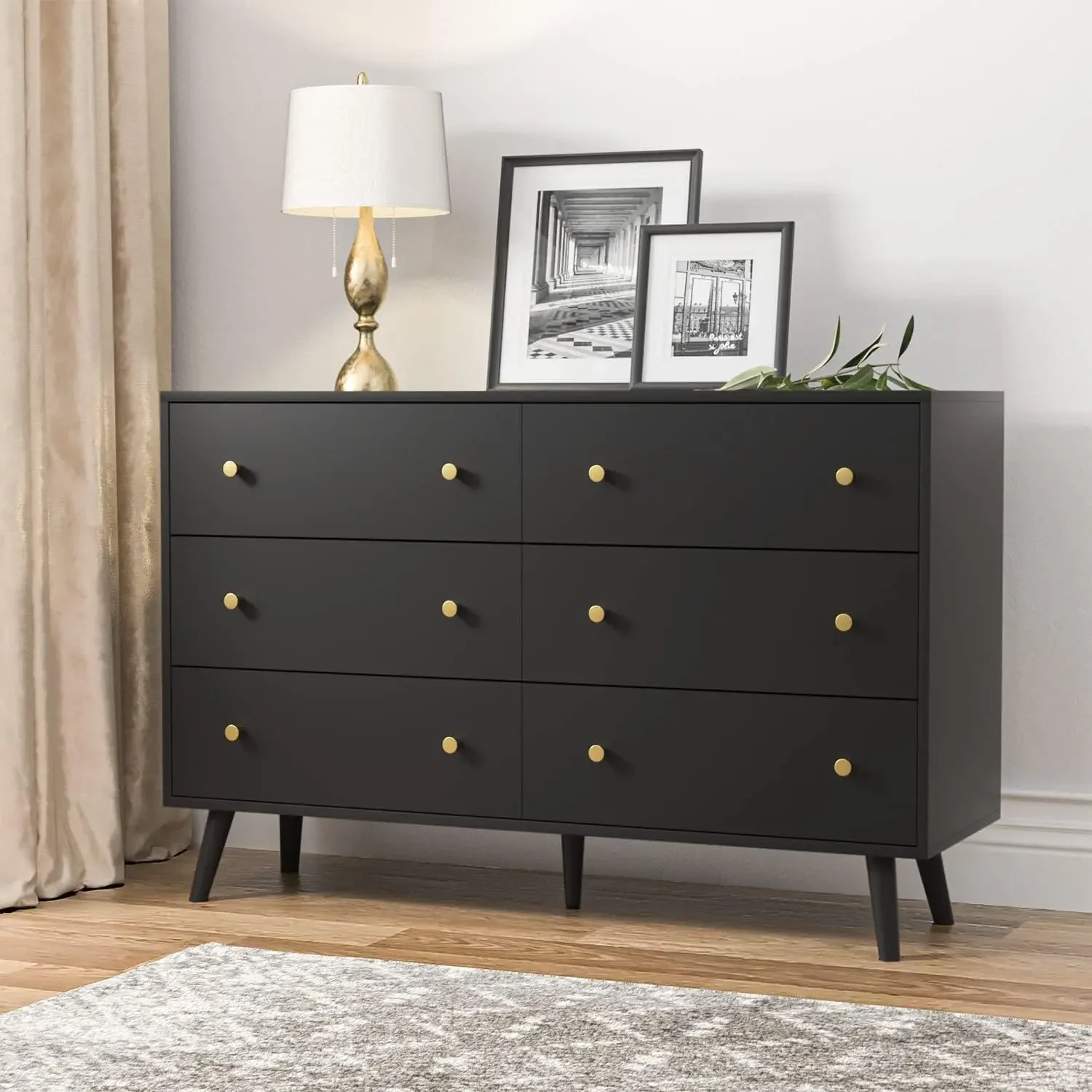 Black Dresser for Bedroom, Modern 6 Drawer Dresser, Wide Chest of Drawers with Gold Handles, Wood Double Dresser Storage Cabinet