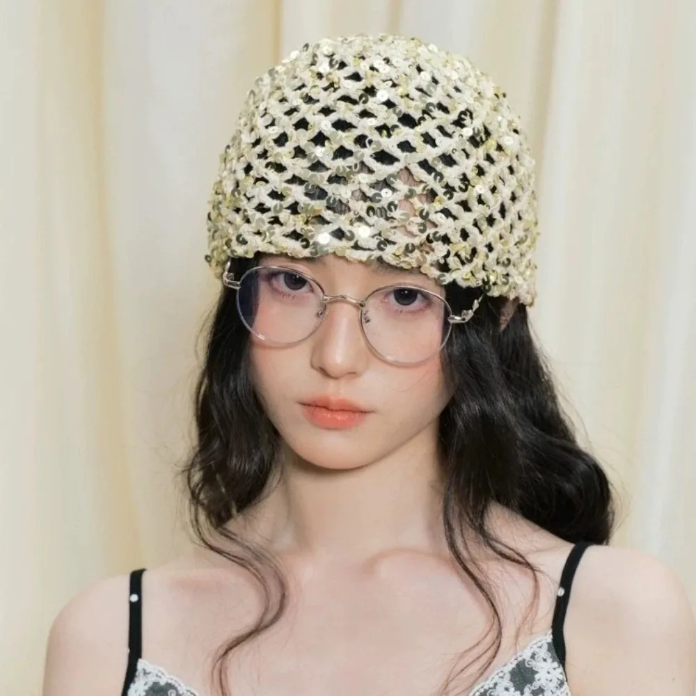 

Fashion Vintage Sequin Woven Cap Y2k Hollow Sequin Bucket Hat Thin Knit Beanie Hats Spicy Girls