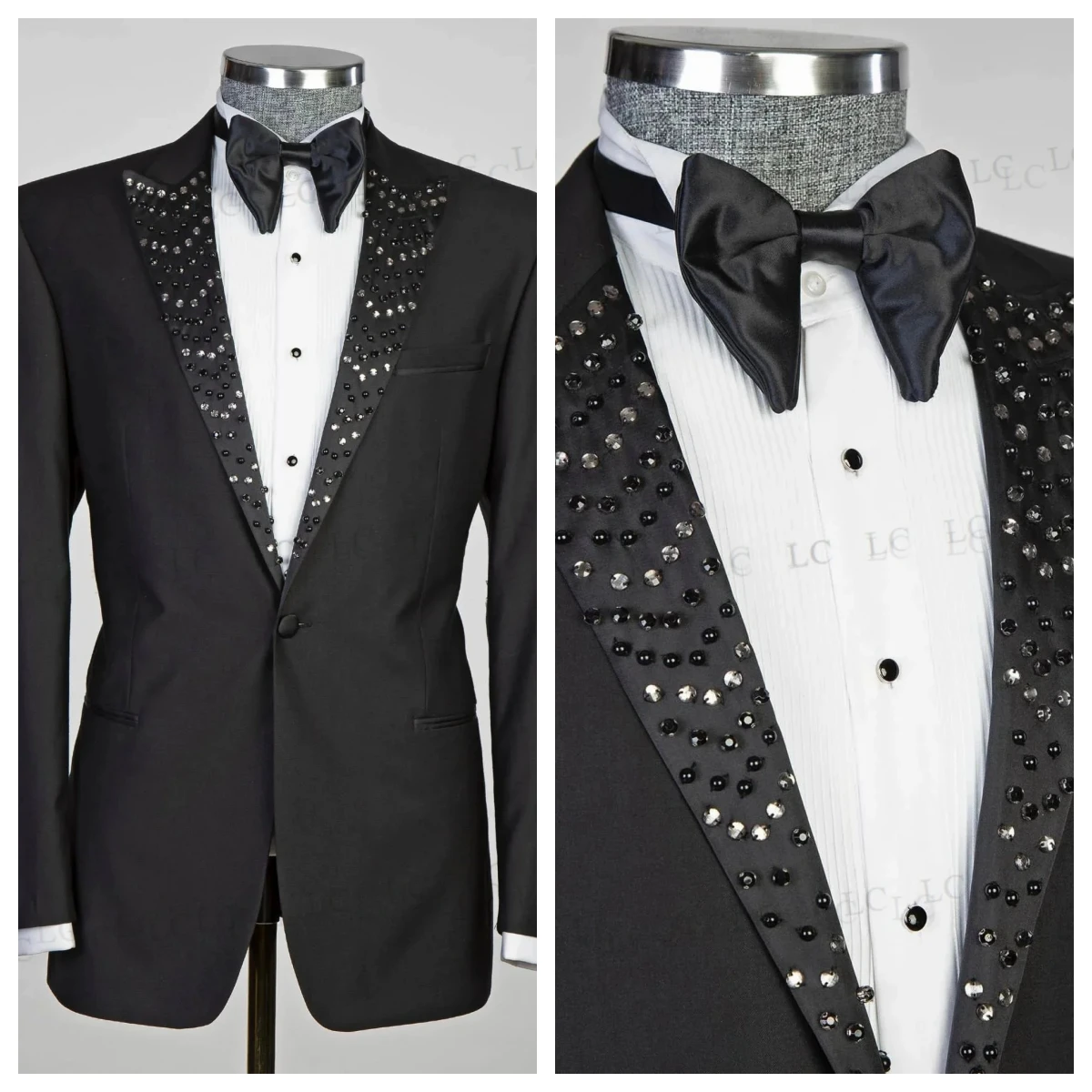 

Classic Uniform 2 Pieces Blazer Pants Men Suits One Button Peaked Lapel Beads Slim Formal Prom Wedding Groom Plus Size Tailored