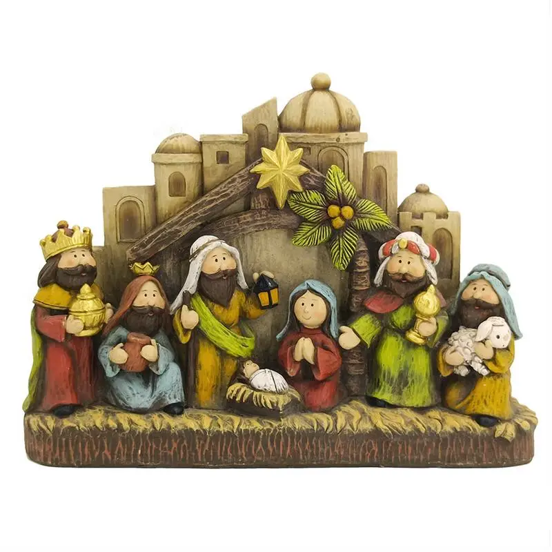 Wooden Nativity Set Holy Family Sculpture Resin figurine creative religious statue art craft for home Church tabletop decor gift