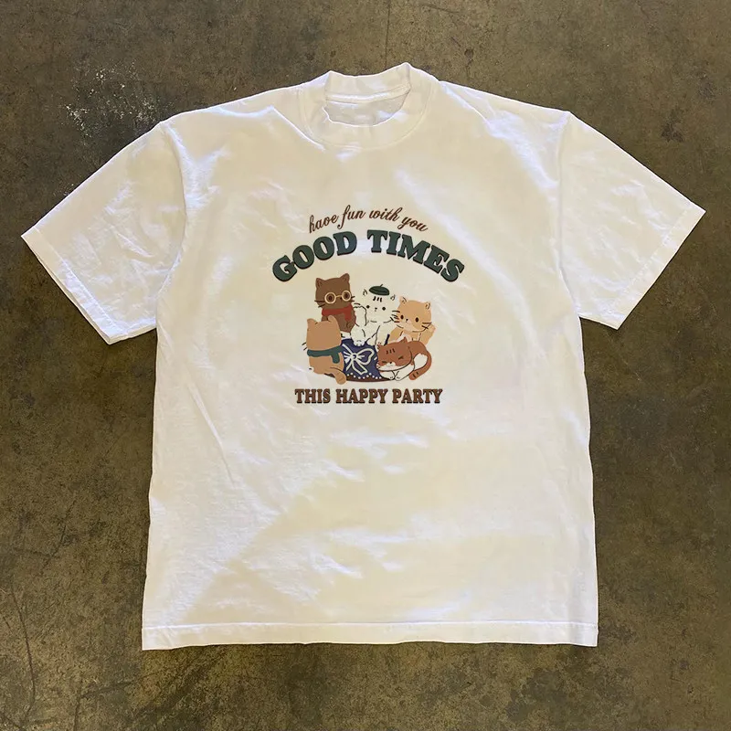 เสื้อยืดแขนสั้นลายการ์ตูนแมว คอกลม สไตล์เรโทร รุ่นใหม่ ประจำปี 2026 เสื้อใส่สบายๆ สำหรับวันหยุดพักผ่อน สไตล์ Y2k ฮาราจูกุ