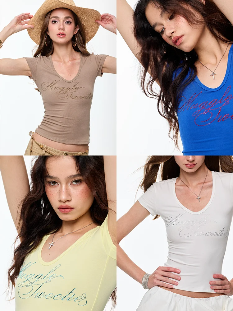 

Сексуальная американская футболка ort Sve в стиле ретро, женская базовая футболка с бриллиантами, теплопередача, прямой топ с углами, летний дизайн Faion