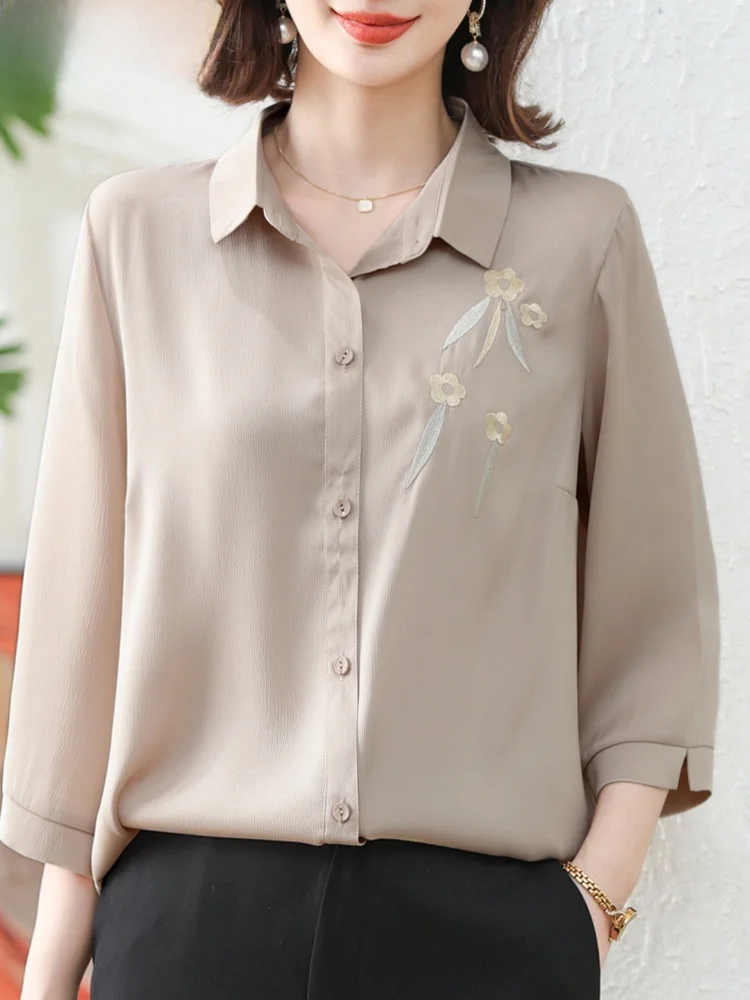 

Ele Chiffon irt Svel Top Set for Mom Autumn Faion Loose Fit Button up Regular Sve Length Floral Print