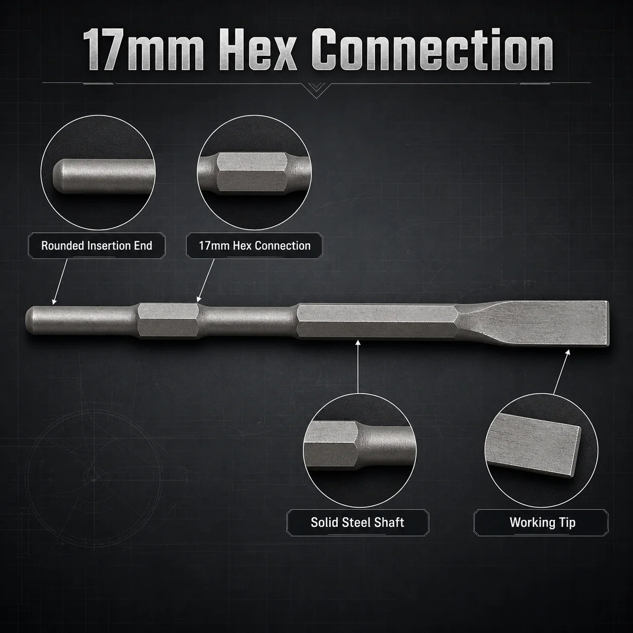 17mm Hex Shank Bull Point Chisel, 260mm Steel Demolition Hammer Bit for Concrete,Brick,Masonry Breaking and Chipping,Easy to Use