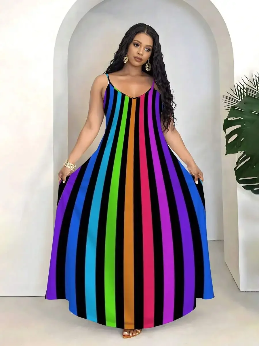 

Colorful Vertical Stripe Plus Size Slip Dress Rainbow Pattern Summer Beach Party